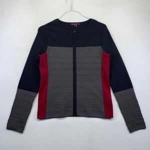 Rachel Roy Gray Color Block Zip Up Knit Top Sweater Womens Medium Preppy